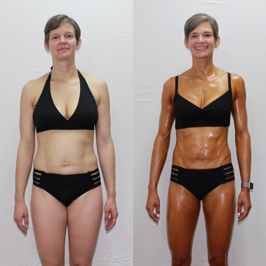 Before and after transformation of a client who combined studio sessions with home workouts