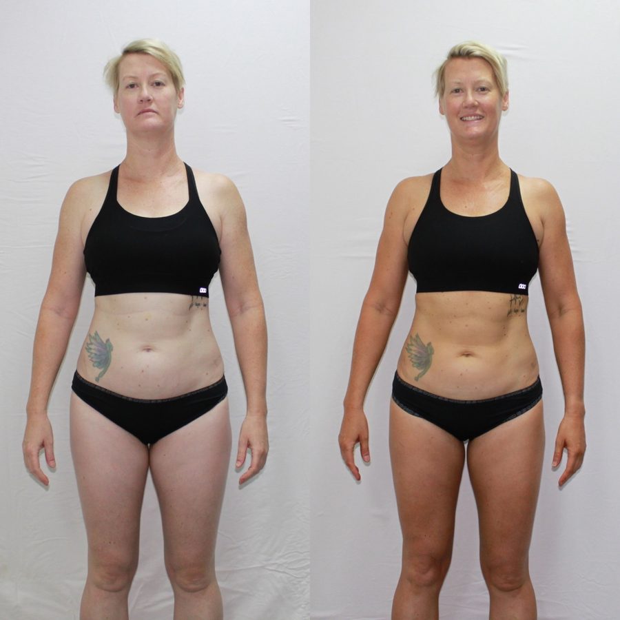 Before and after transformation of a client who added home workouts to her training